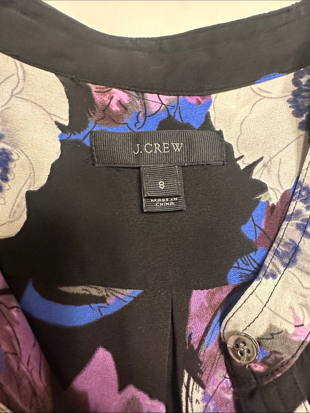J. Crew Black Floral Button-Up Silk Blouse with White and Purple Blooms - Picture 2 of 10